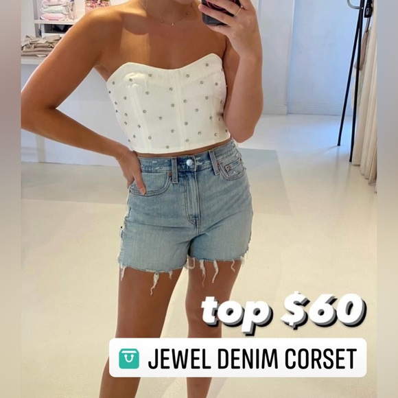 Rhinestone Studded SM White Denim Cropped Stretch Sweetheart Neckline Corset Top - Picture 2 of 6